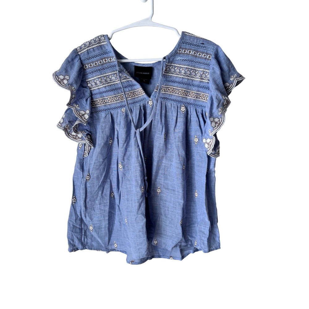 Liv Los Angeles Blue Embroidered Cotton Gauze Boho Blouse SB1271 Medium
